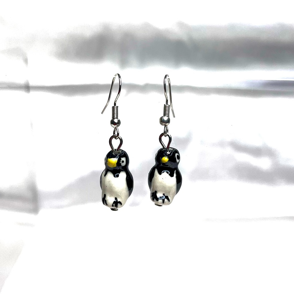 Ceramic Mini Penguin Dangle Earrings - Handmade